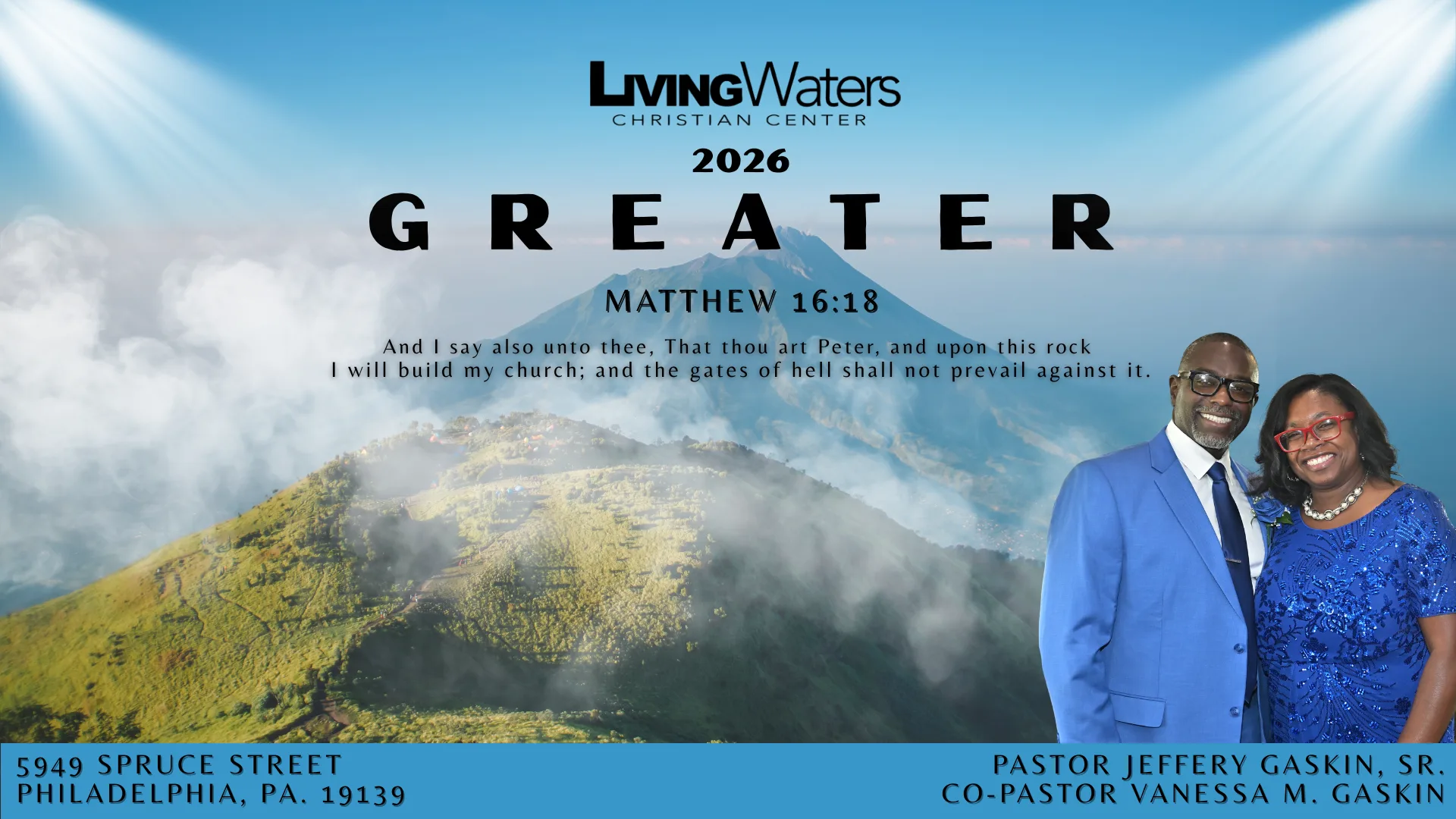 LWCC 2026 header Living Waters Christian Center 2026 "Greater" poster with a mountain view and two smiling people in formal attire.